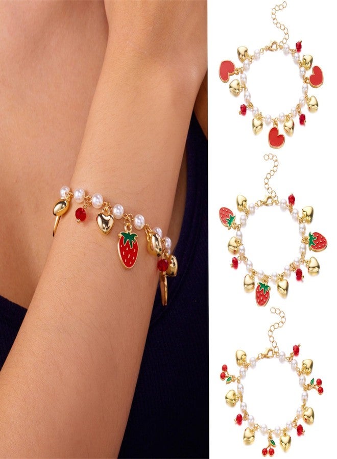 LOTSOF 18K Gold Plated Strawberry Cherry Heart Pearl Bracelet for Women Cute Fruit Adjustable Bracelets Christmas Holiday Birthday Gift Jewelry for Women (Strawberry) - Image 2